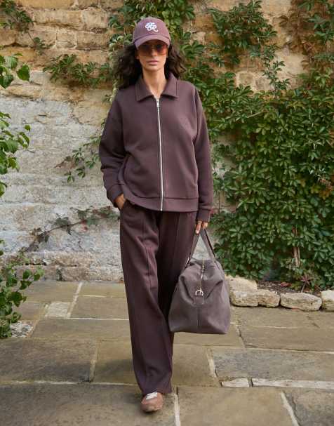 4th & Reckless collared zip-up bomber sweat jacket and wide leg trackies set in chocolate - view 1