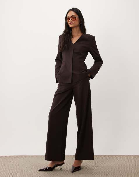 4th & Reckless collarless flare sleeve structured fitted waist blazer and trousers co-ord in aubergine - view 1