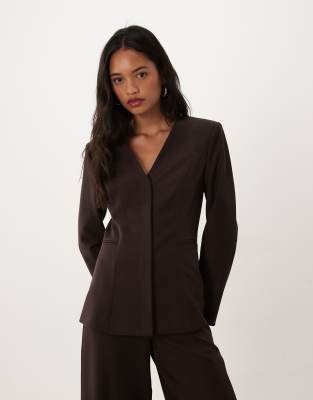 4th & Reckless Collarless Flare Sleeve Structured Fitted Waist Blazer In Brown