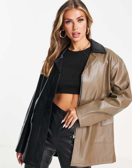 4th & Reckless colour block leather look jacket in black and mocha, 2 of 4