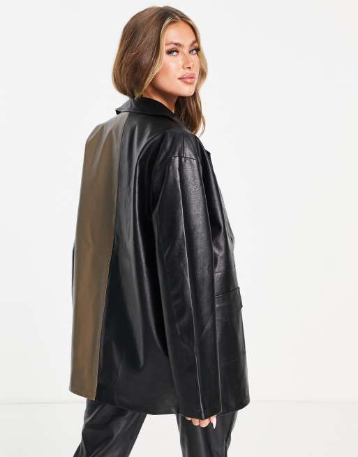 4th & Reckless colour block leather look jacket in black and mocha, 3 of 4