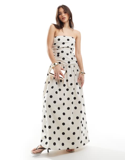4th & Reckless contains linen mix bandeau ruched drop waist maxi dress in cream & black polka dot - view 1
