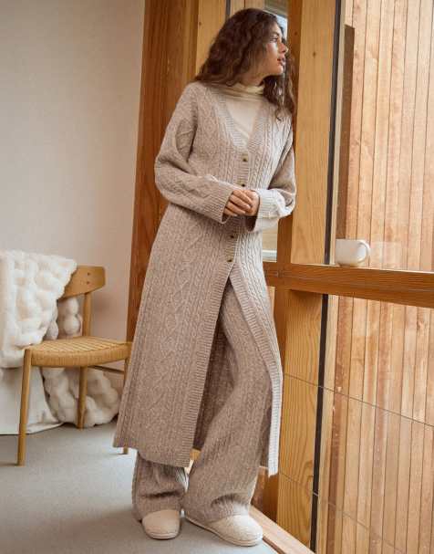 4th & Reckless contains wool cable knit maxi cardigan and wide leg pants set in taupe - view 1