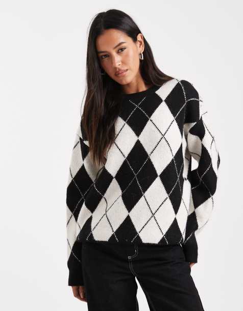 4th & Reckless contains wool crew neck oversized jumper in mono argyle - view 1