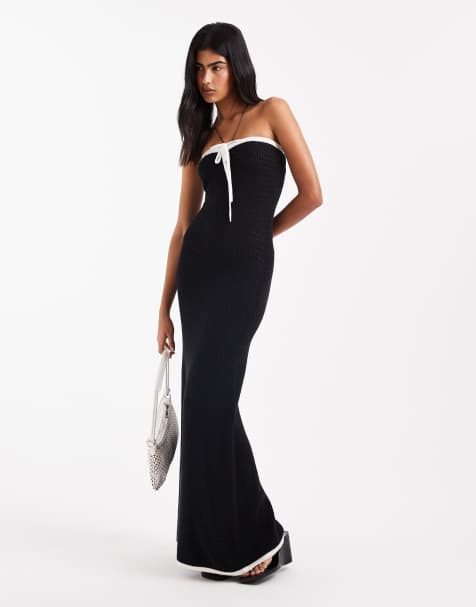 4th & Reckless contrast edge tie front crochet beach maxi dress in black - view 1