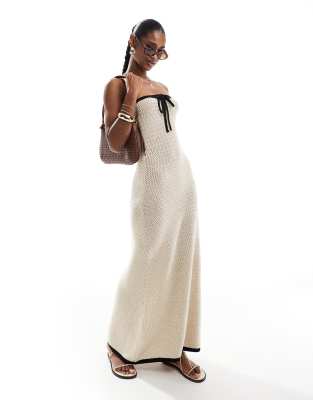 contrast edge tie front crochet beach maxi dress in ecru-White