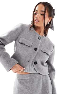 contrast pocket detail wool blend jacket in gray - part of a set