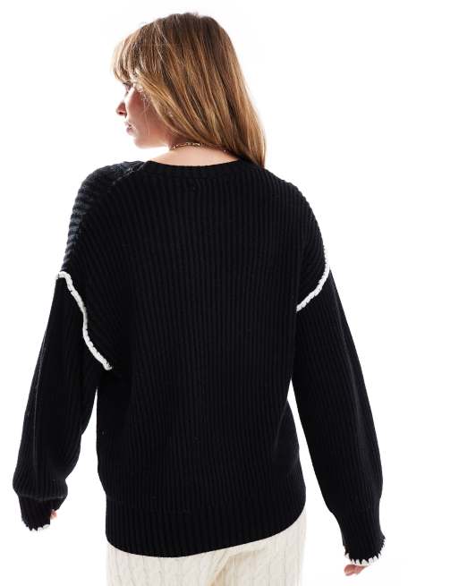 4th & Reckless contrast stitch dropped shoulder jumper in black | ASOS