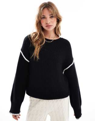 contrast stitch dropped shoulder sweater in black