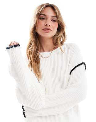 contrast stitch dropped shoulder sweater in cream-White