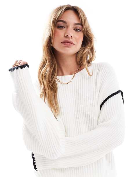 4th & Reckless contrast stitch dropped shoulder sweater in cream - view 1