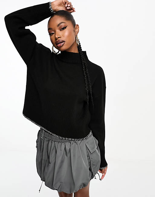 4th & Reckless contrast stitch high neck jumper in black | ASOS