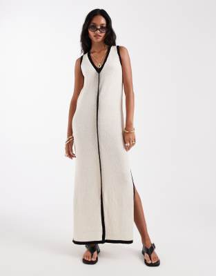4th & Reckless contrast trim sleeveless V-neck knit beach maxi dress in ecru