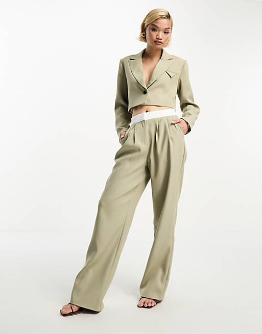 4th & Reckless contrast waistband trouser co-ord in khaki