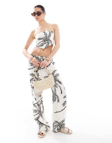 4th + Reckless - Coordinato beige con stampa di palme composto da top a fascia stile foulard e pantaloni con fondo ampio - view 1