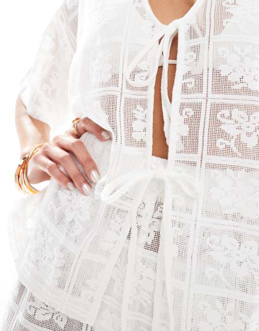 4th & Reckless - Coordinato bianco all'uncinetto con top e pantaloni con laccetti