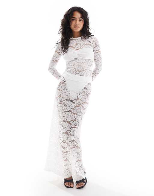 4th + Reckless - Coordinato bianco con top a maniche lunghe in pizzo e gonna lunga