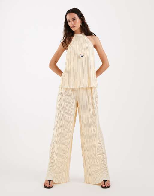4th + Reckless - Coordinato color limone plissé con pantaloni a fondo ampio e top senza maniche allacciato al collo