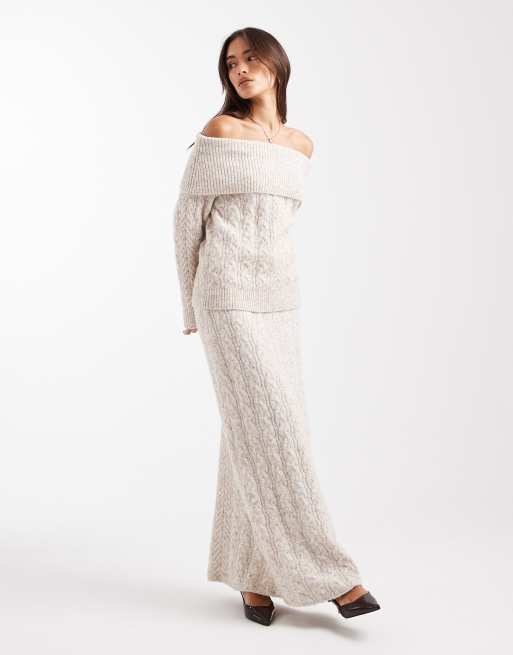 4th & Reckless - Coordinato con gonna lunga e maglione lavorato a trecce in misto lana beige con scollo alla Bardot oversize