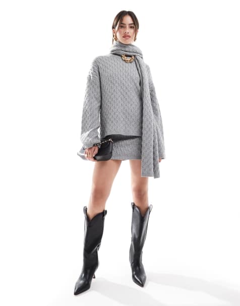 4th & Reckless - Coordinato con minigonna e maglione lavorato a trecce grigio con sciarpa - view 1