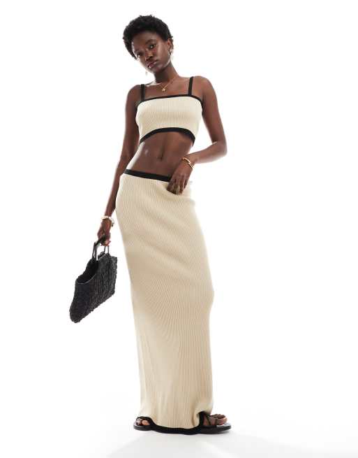 4th + Reckless - Coordinato da mare color crema in maglia a coste con crop top con finiture a contrasto e gonna lunga