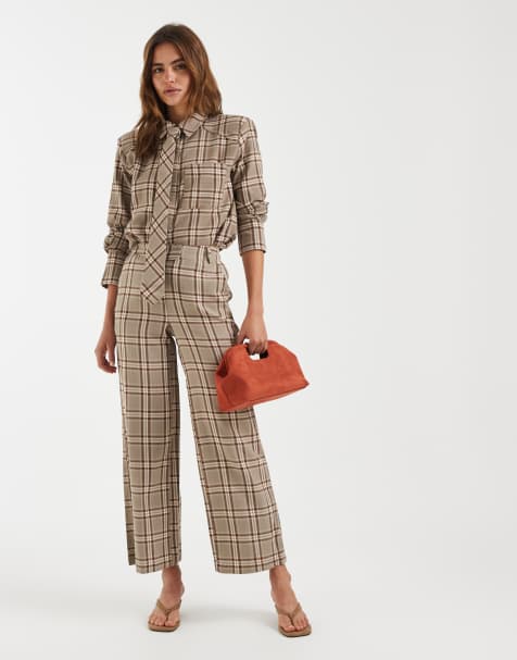 4th & Reckless - Coordinato in cotone beige a quadri con camicia con spalline imbottite e pantaloni a fondo ampio - view 1