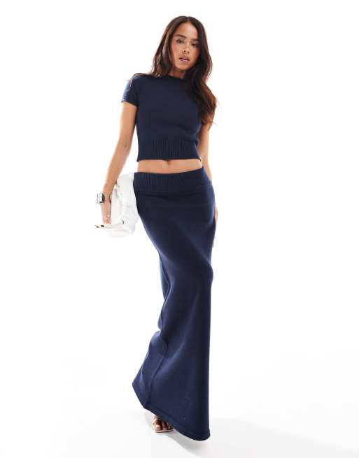 4th + Reckless - Coordinato in maglia blu navy con maglione a maniche corte aderente e gonna lunga