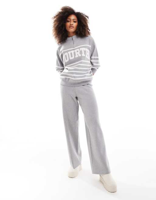 4th & Reckless - Coordinato in maglia color grigio a righe composto da pantaloni dritti e maglione accollato con logo e zip corta