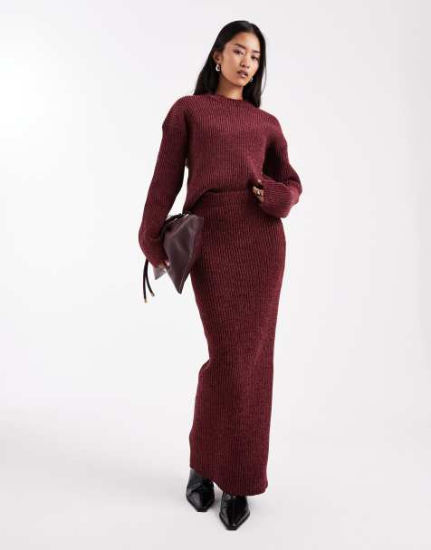 4th & Reckless - Coordinato in maglia morbida bordeaux a coste con maglione e gonna lunga - view 1