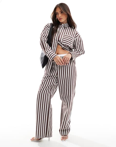 4th + Reckless - Coordinato in misto lino marrone a righe con camicia oversize con tasca e pantaloni con fondo ampio - view 1