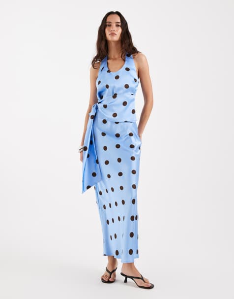 4th & Reckless - Coordinato in raso blu e cioccolato a pois con top allacciato al collo drappeggiato in vita e gonna - view 1