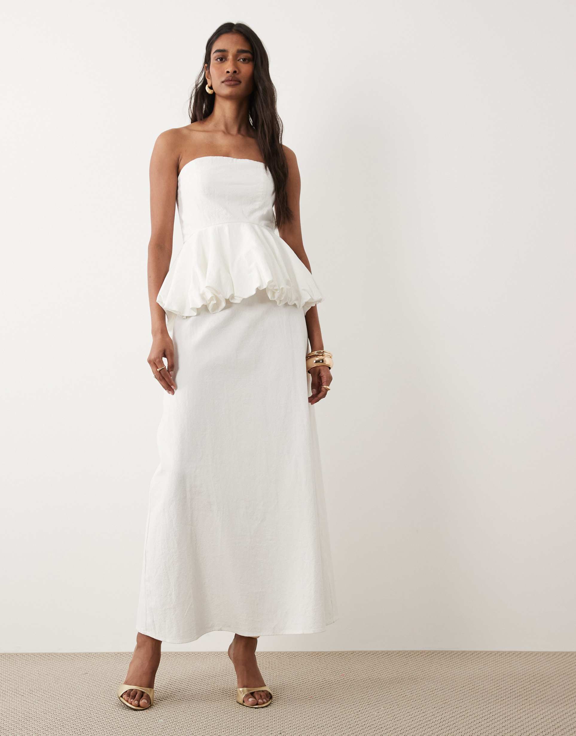4th & reckless cotton bandeau peplum waist detail maxi dress in white
