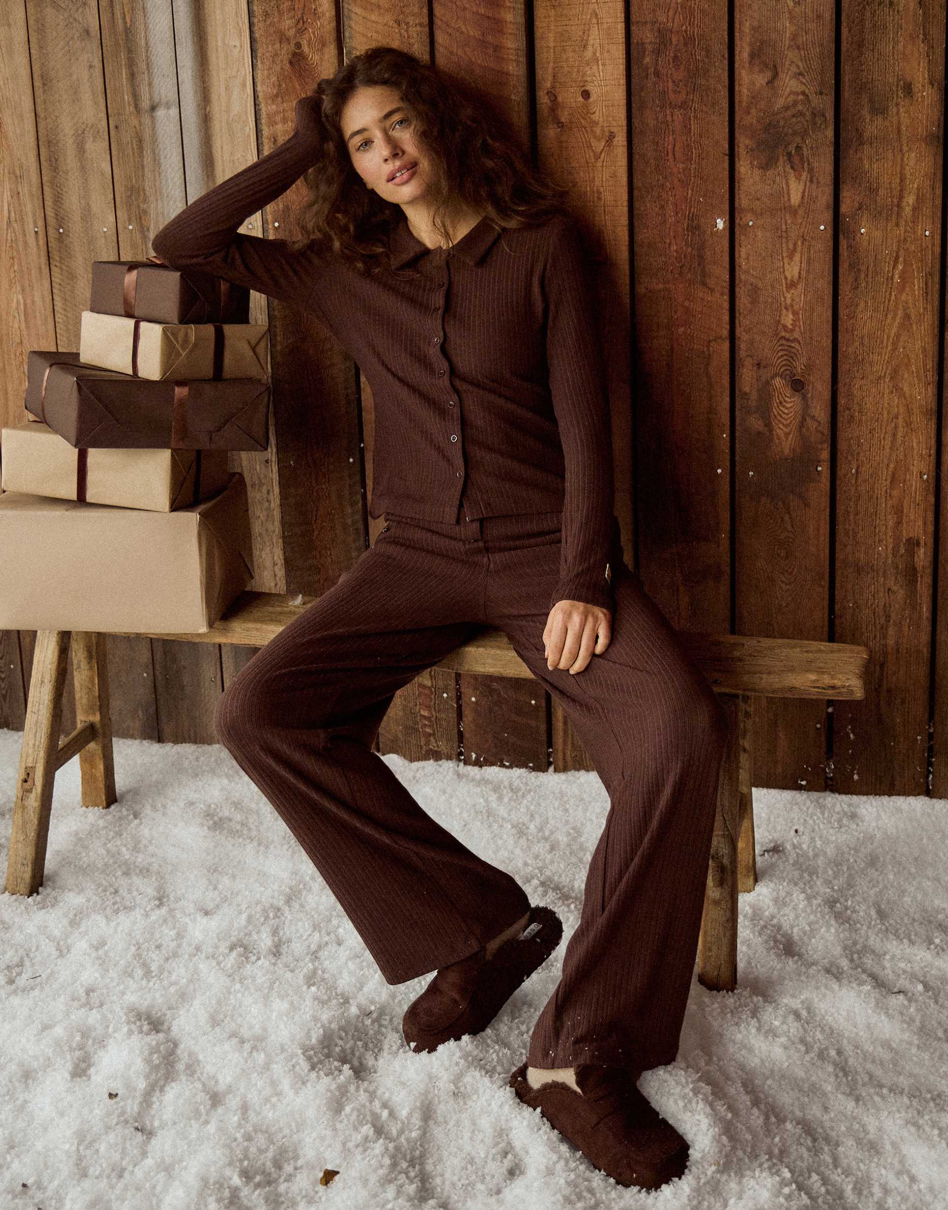 4th & reckless cotton blend cable detail collared button up top in chocolate - part of a set