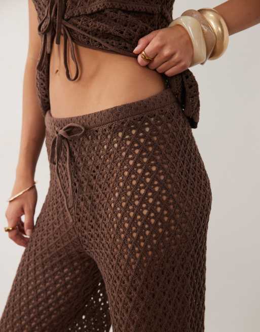 4th & Reckless cotton blend crochet tie waist wide leg beach trousers co-ord in chocolate, 6 of 6