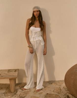 4th & Reckless cotton blend crochet tie waist wide leg beach trousers co-ord in white