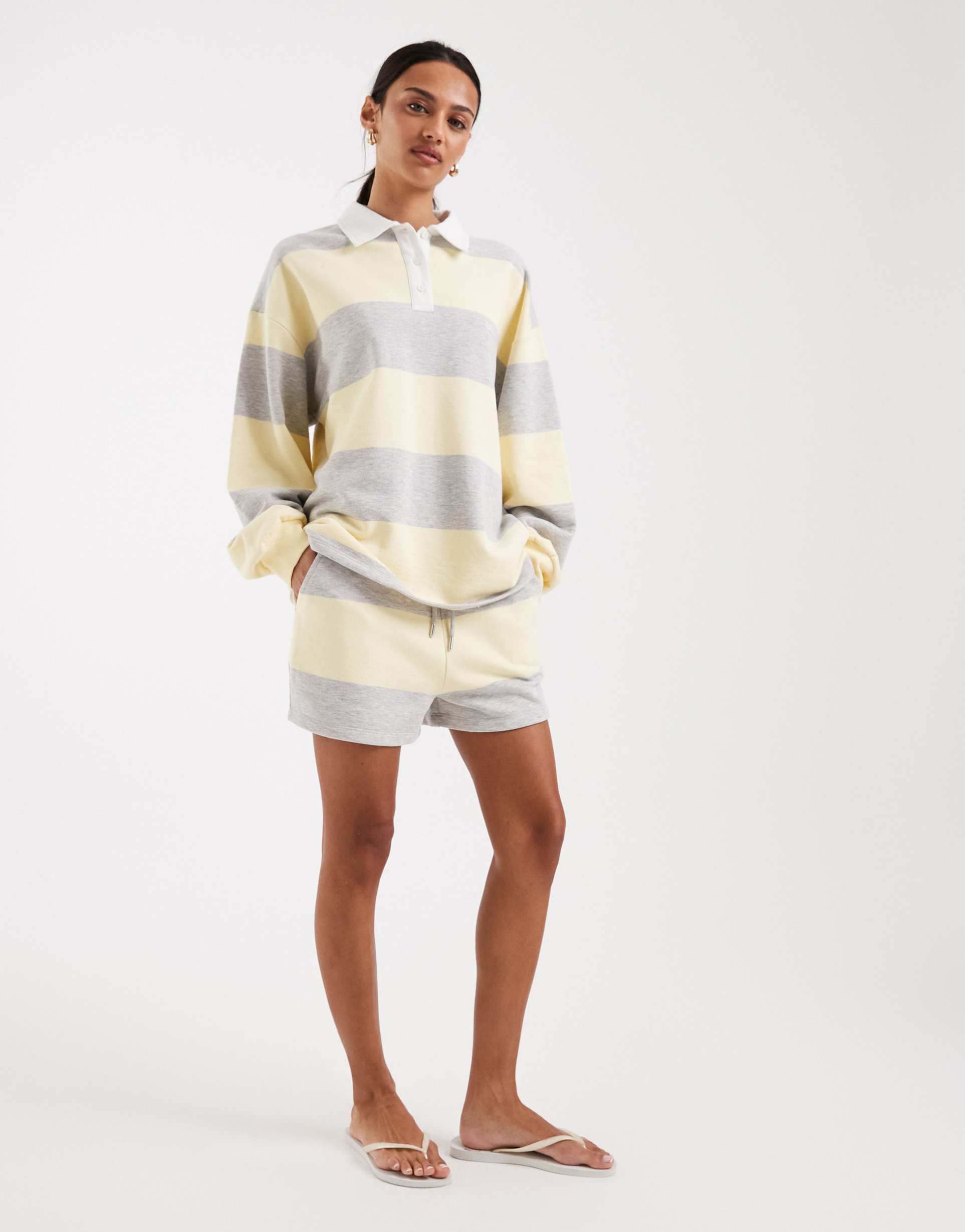 4th & reckless cotton blend drawstring waist sweat shorts in yellow & gray stripe - part of a set