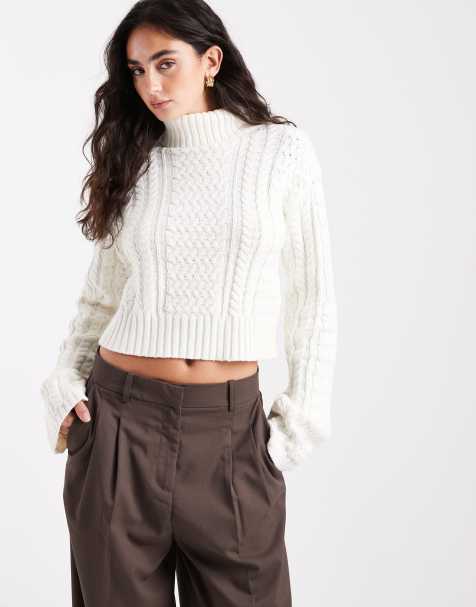 4th & Reckless cotton blend high neck cropped roll neck cable knit jumper in cream - view 1