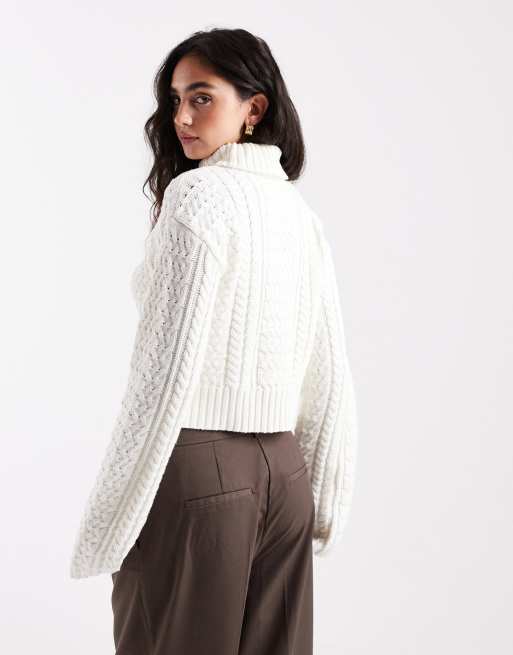 4th & Reckless cotton blend high neck cropped roll neck cable knit jumper in cream, 3 of 4