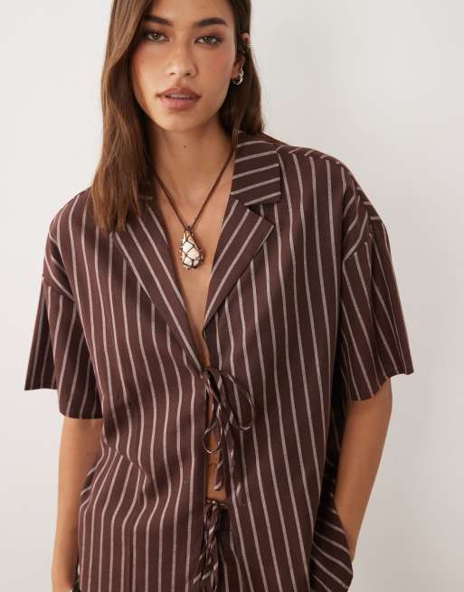 4th & Reckless cotton blend oversized tie front detail beach shirt in chocolate striped print - part of a set, 3 of 5