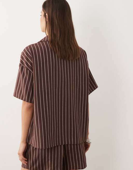 4th & Reckless cotton blend oversized tie front detail beach shirt in chocolate striped print - part of a set, 4 of 5