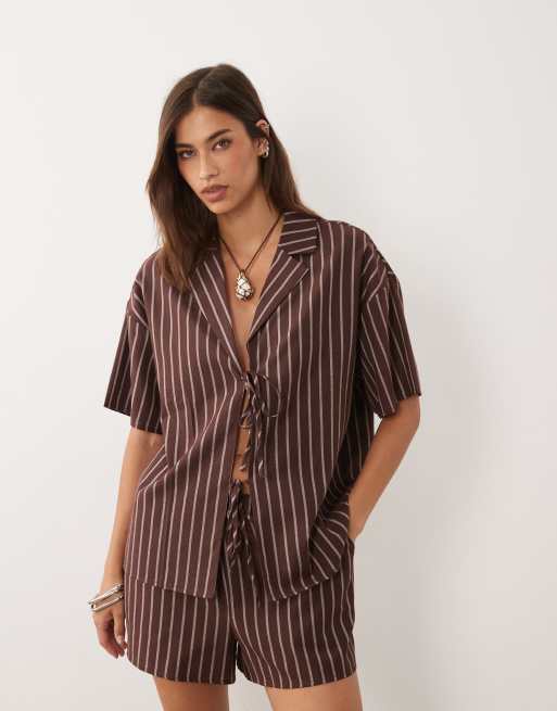 4th & Reckless cotton blend oversized tie front detail beach shirt in chocolate striped print - part of a set, 5 of 5