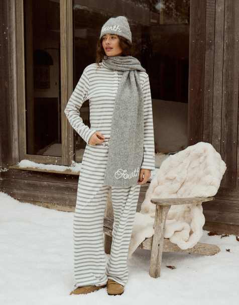 4th & Reckless cotton blend ribbed button detail henley top and wide leg trouser co-ord in grey & white stripe - view 1