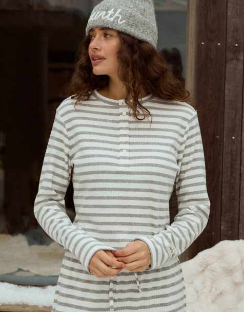 4th & Reckless cotton blend ribbed button detail henley top in grey & white stripe (part of a set) - view 1