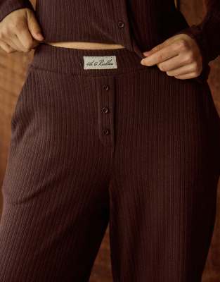 4th & Reckless Cotton Blend Ribbed Cable Detail Branded Waistband Wide Leg Pants In Brown