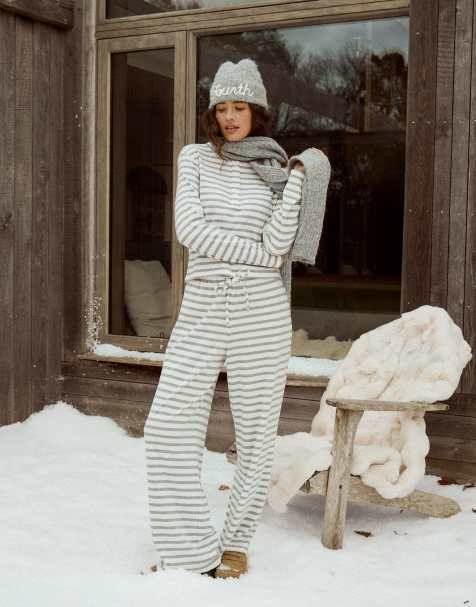 4th & Reckless cotton blend ribbed tie waist relaxed wide leg pants in gray & white stripe - part of a set - view 1
