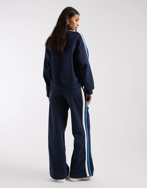 4th & Reckless cotton drawstring wide waistband side stripe wide leg sweatpants in navy - part of a set, 4 of 5