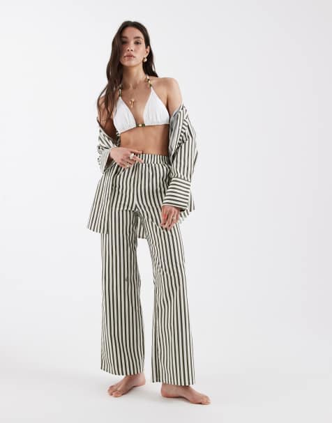 4th & Reckless cotton elastic waist wide leg beach pants in olive & white stripe - part of a set - view 1
