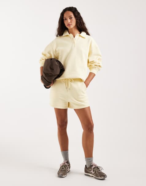 4th & Reckless cotton embroidered logo collared polo sweatshirt and drawstring waist sweat shorts co-ord in yellow - view 1