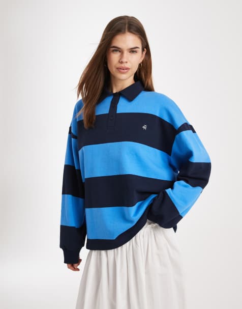 4th & Reckless cotton embroidered logo oversized rugby top in blue stripe - view 1