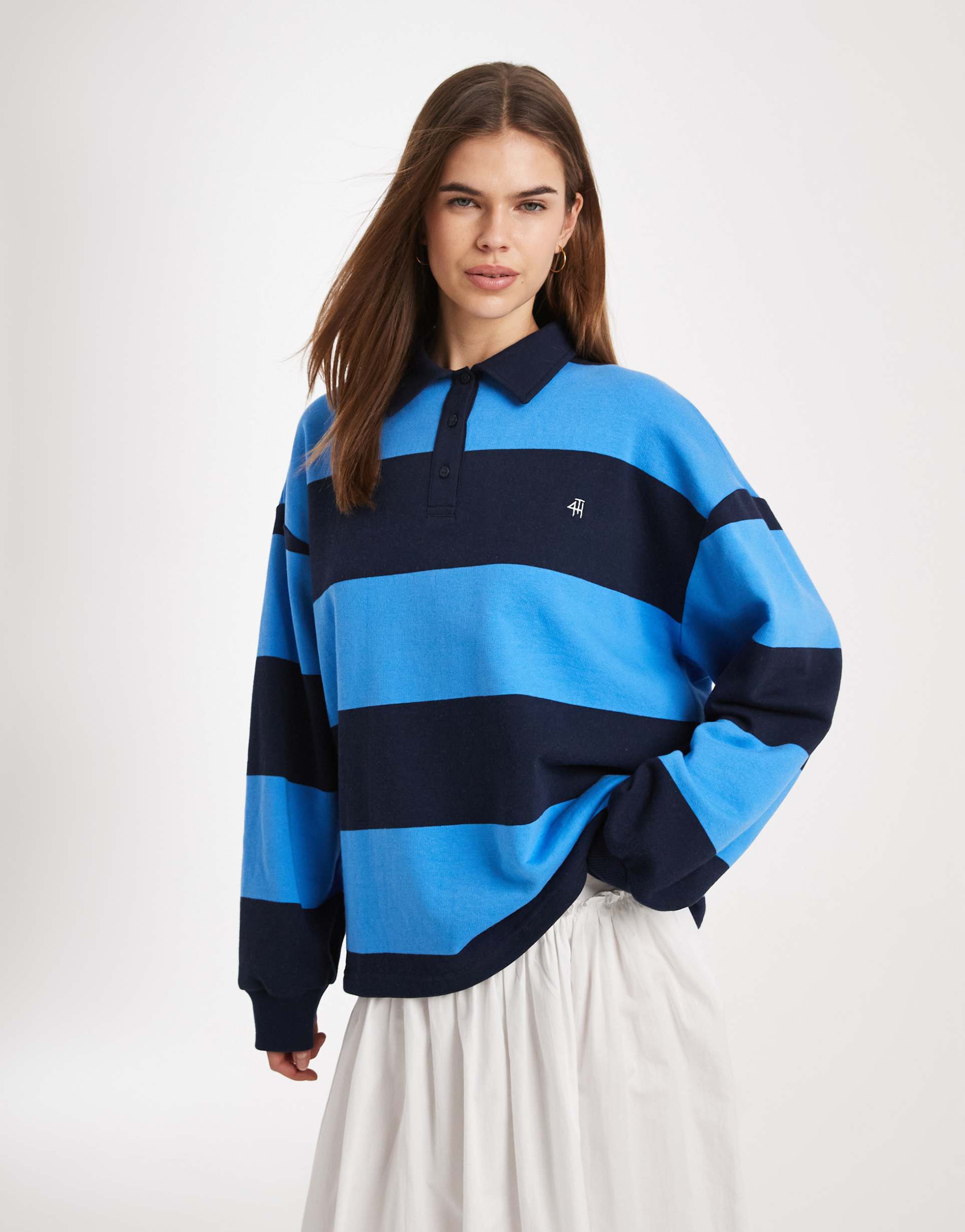 4th & reckless cotton embroidered logo oversized rugby top in blue stripe